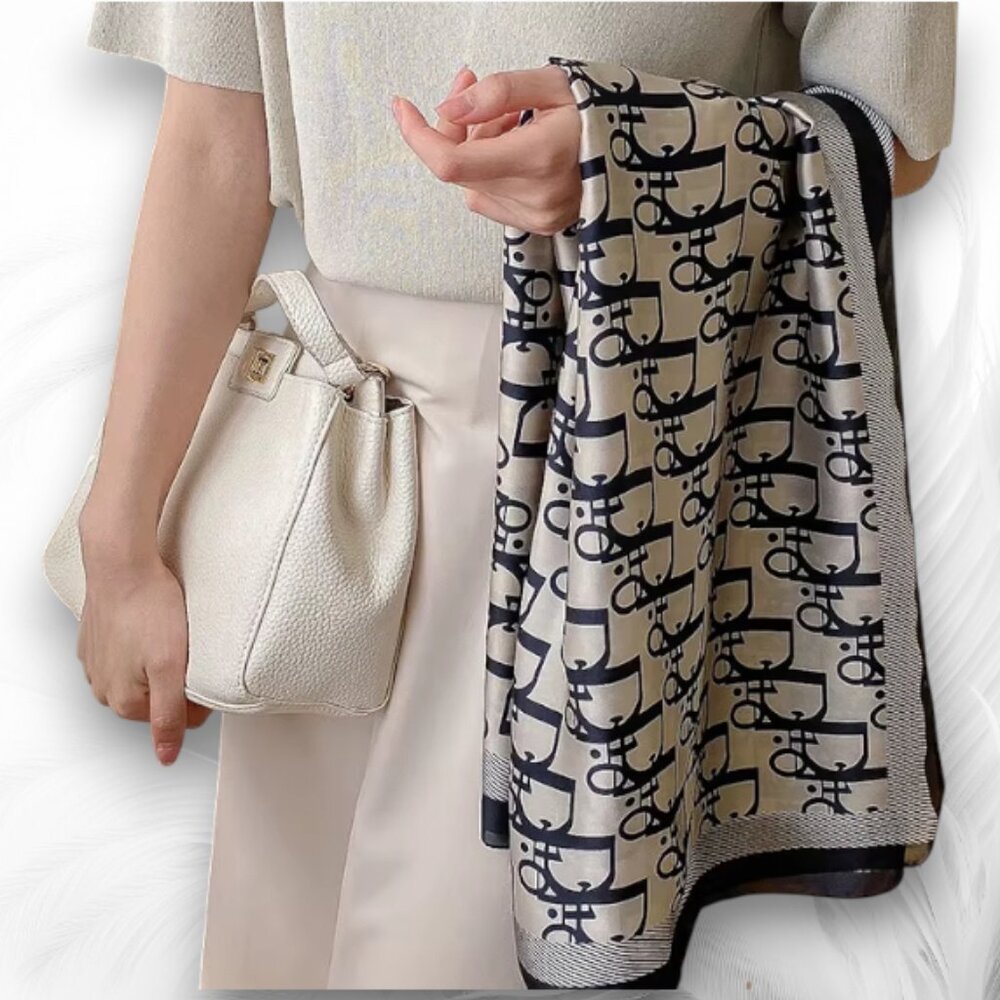 Black & Cream Geometric Satin Scarf Elegant Lightweight Shawl